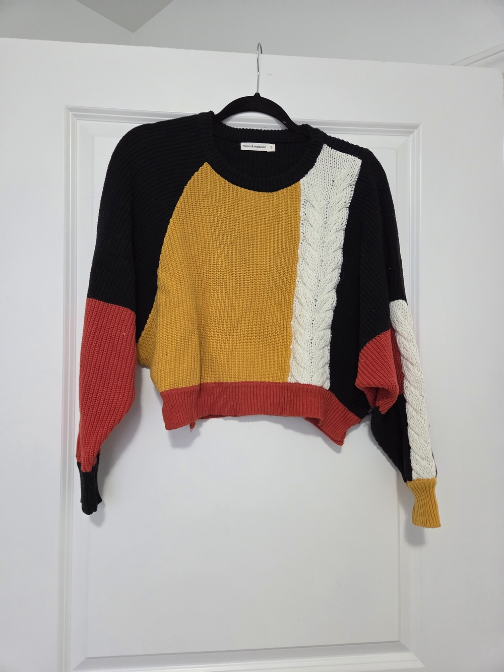 moon & madison Colorblock Crewneck Sweater - Black, Mustard, Red & Cream
